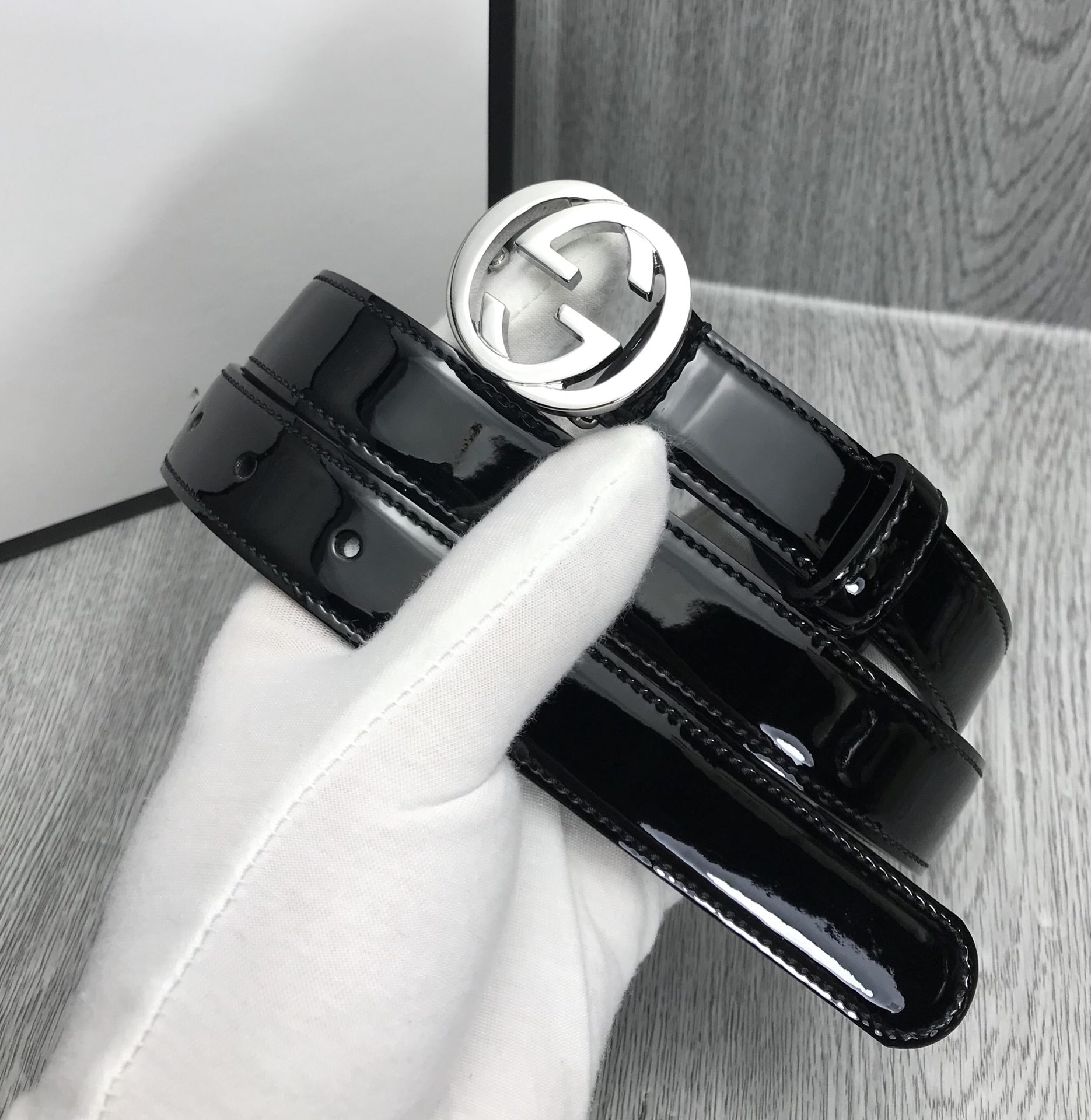 GG BELT INTERLOCKING G BUCKLE 25MM BLACK LEATHER