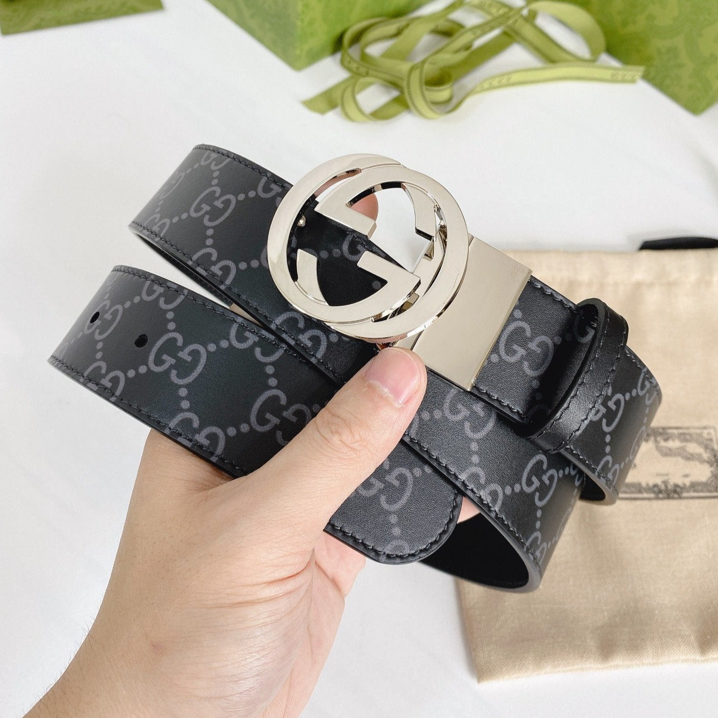 INTERLOCKING G SILVER BUCKLE 38MM BLACK LEAHTER MONOGRAM