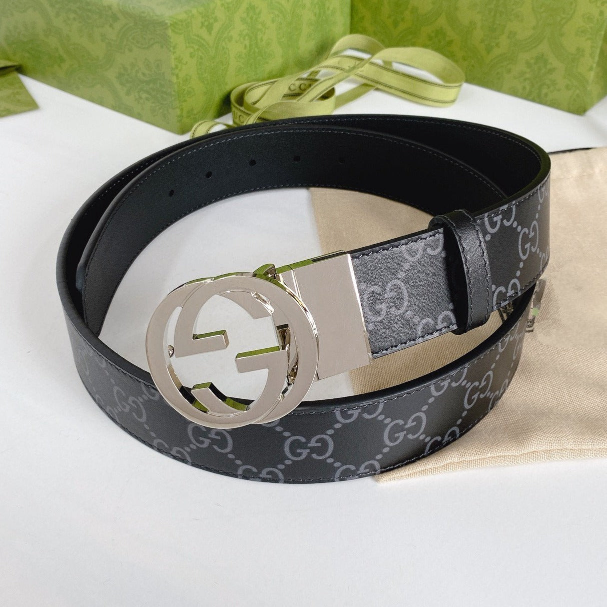 INTERLOCKING G SILVER BUCKLE 38MM BLACK LEAHTER MONOGRAM