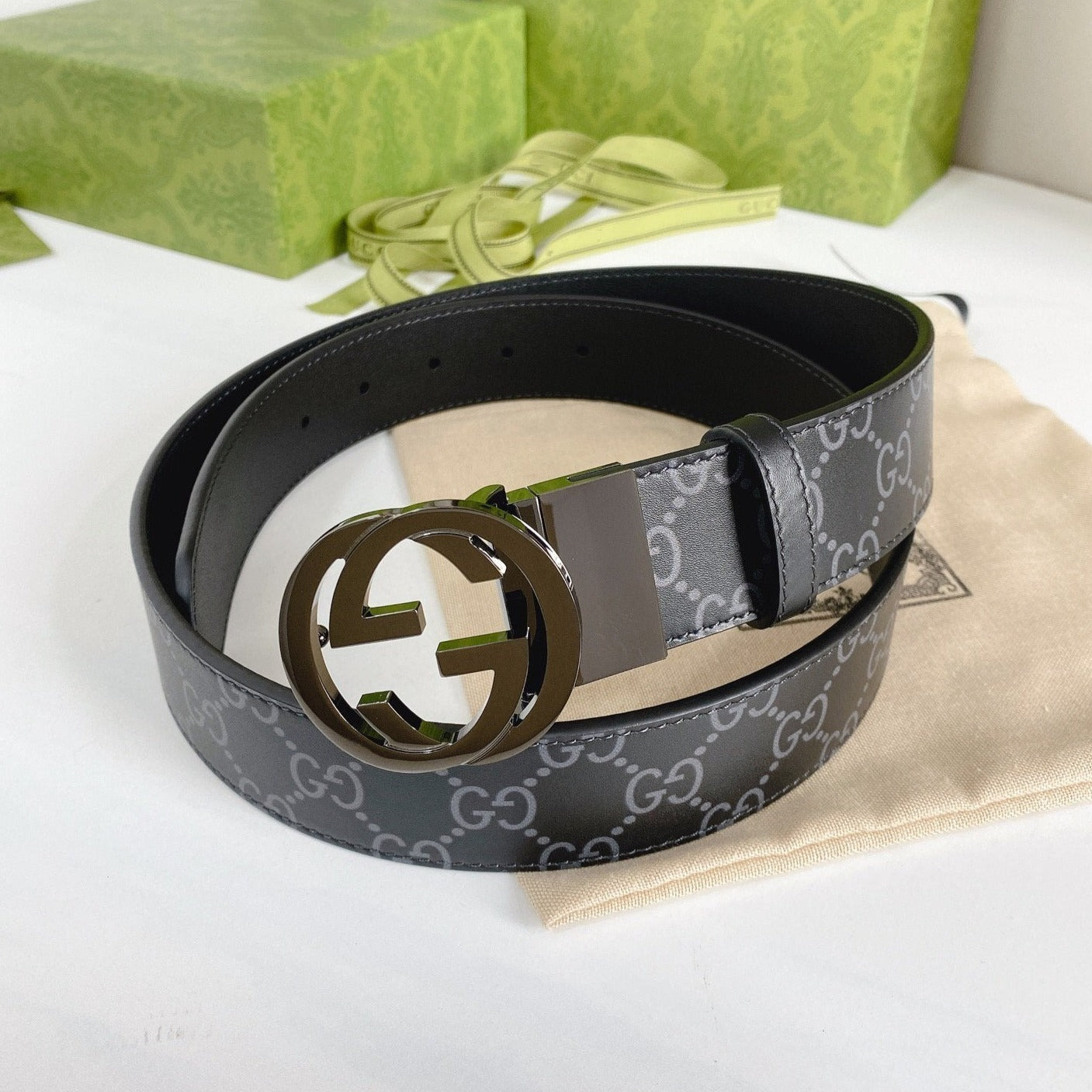 INTERLOCKING G GREY BUCKLE 38MM BLACK LEAHTER MONOGRAM