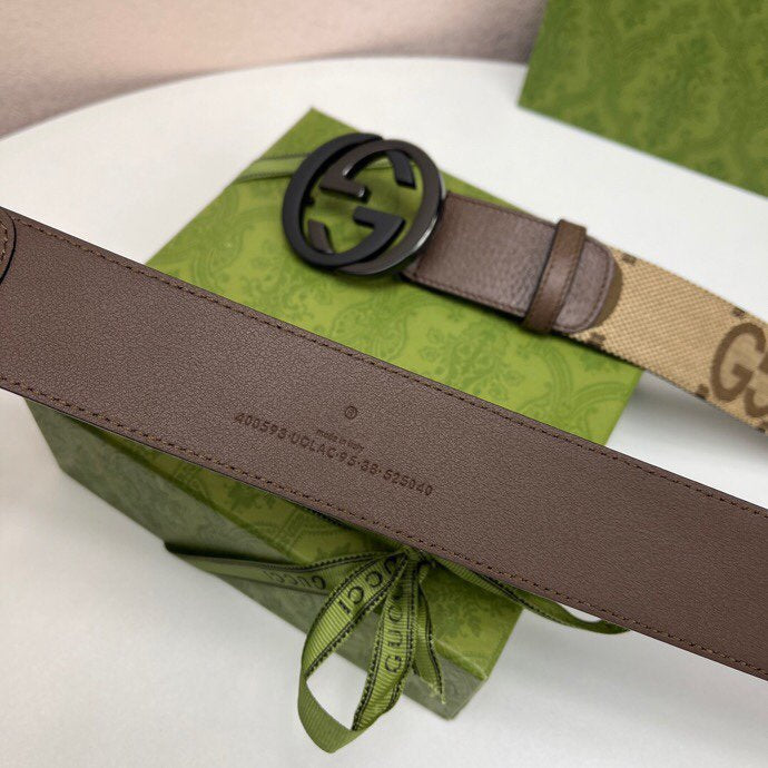 INTERLOCKING G BLACK GREY BUCKLE 40MM BEIGE CANVAS