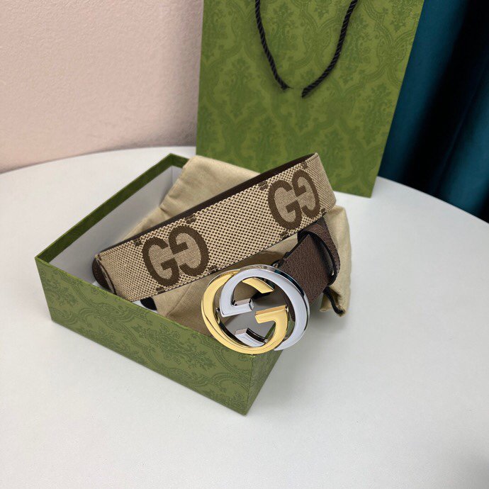 INTERLOCKING G GOLD GREY BUCKLE 40MM BEIGE CANVAS