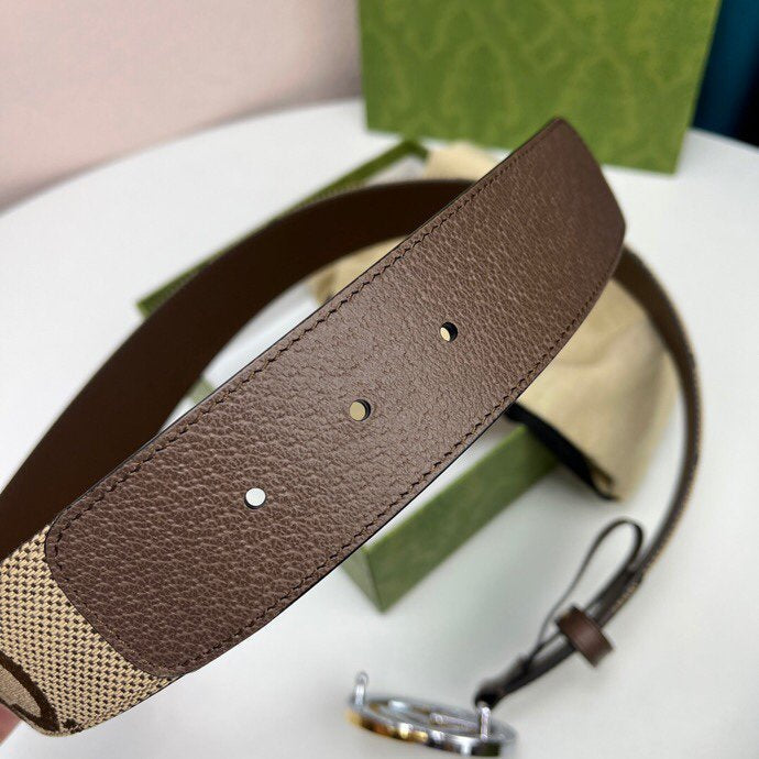 INTERLOCKING G GOLD GREY BUCKLE 40MM BEIGE CANVAS