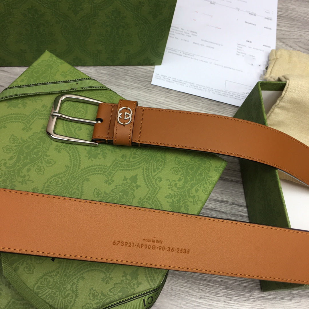 G BELT SILVER SQUARE INSTALL BUCKLE BROWN LEATHER 3.5CM