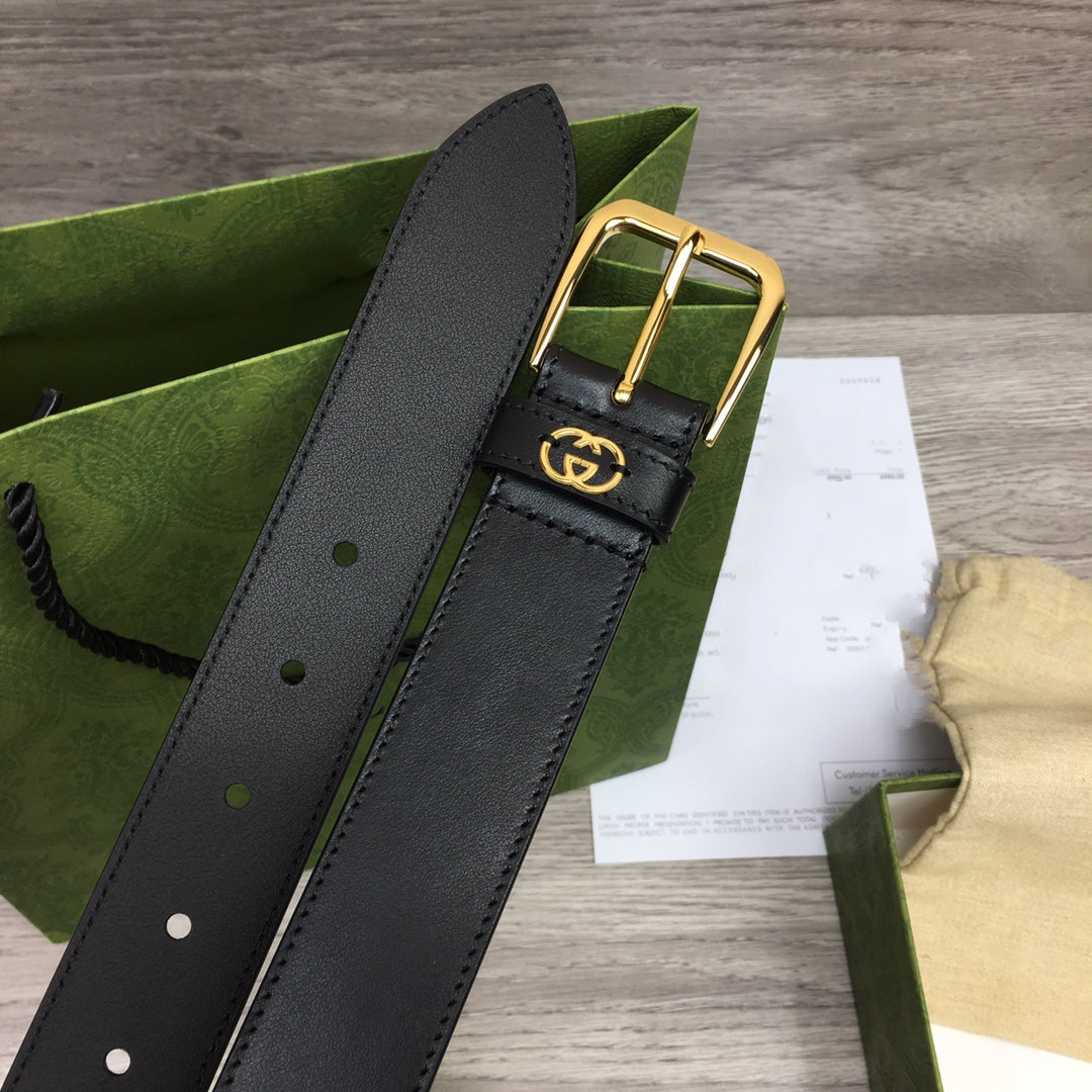 G BELT GOLD SQUARE  INSTALL  BUCKLE BLACK LEATHER 3.5CM