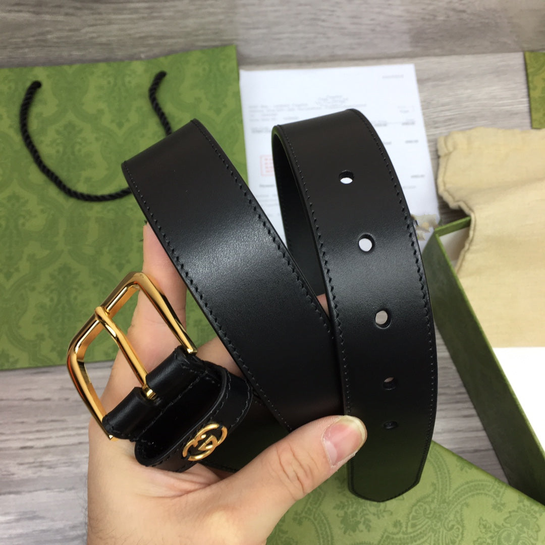 G BELT GOLD SQUARE  INSTALL  BUCKLE BLACK LEATHER 3.5CM