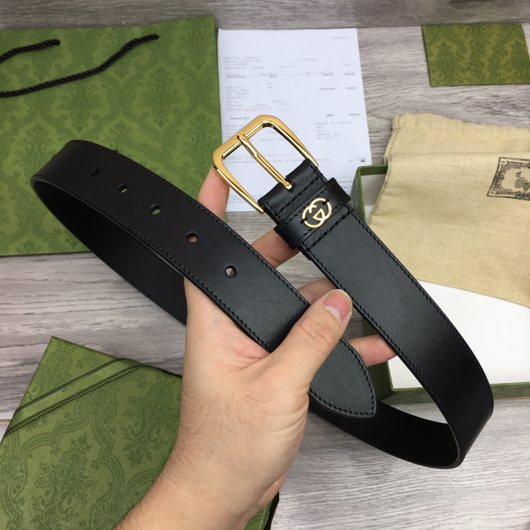 G BELT GOLD SQUARE  INSTALL  BUCKLE BLACK LEATHER 3.5CM