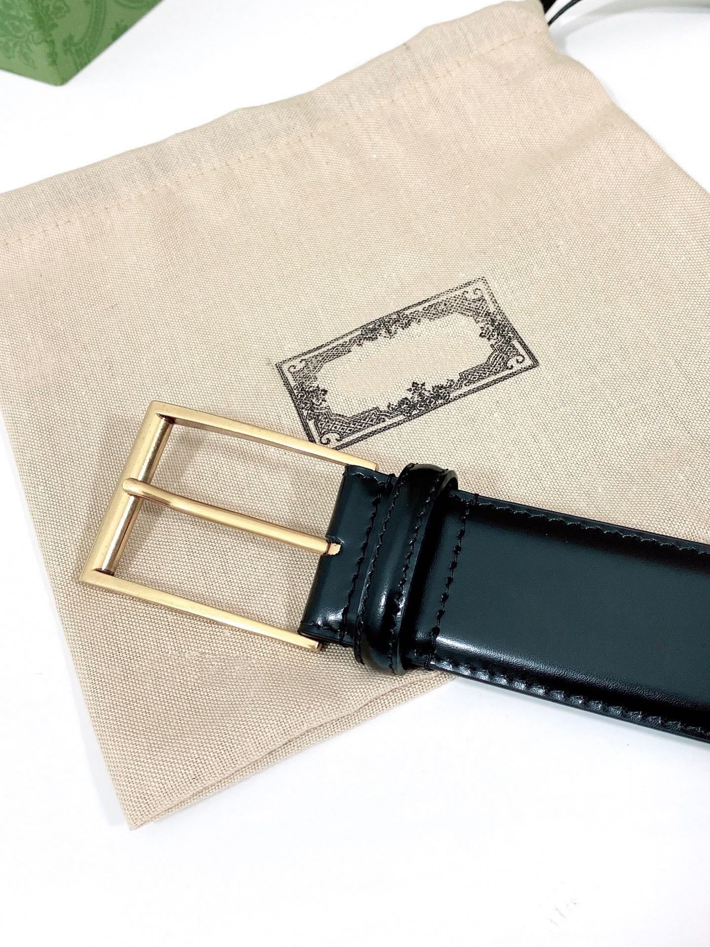 G BELT GOLD SQUARE INSTALL BUCKLE BLACK LEATHER 4.0CM