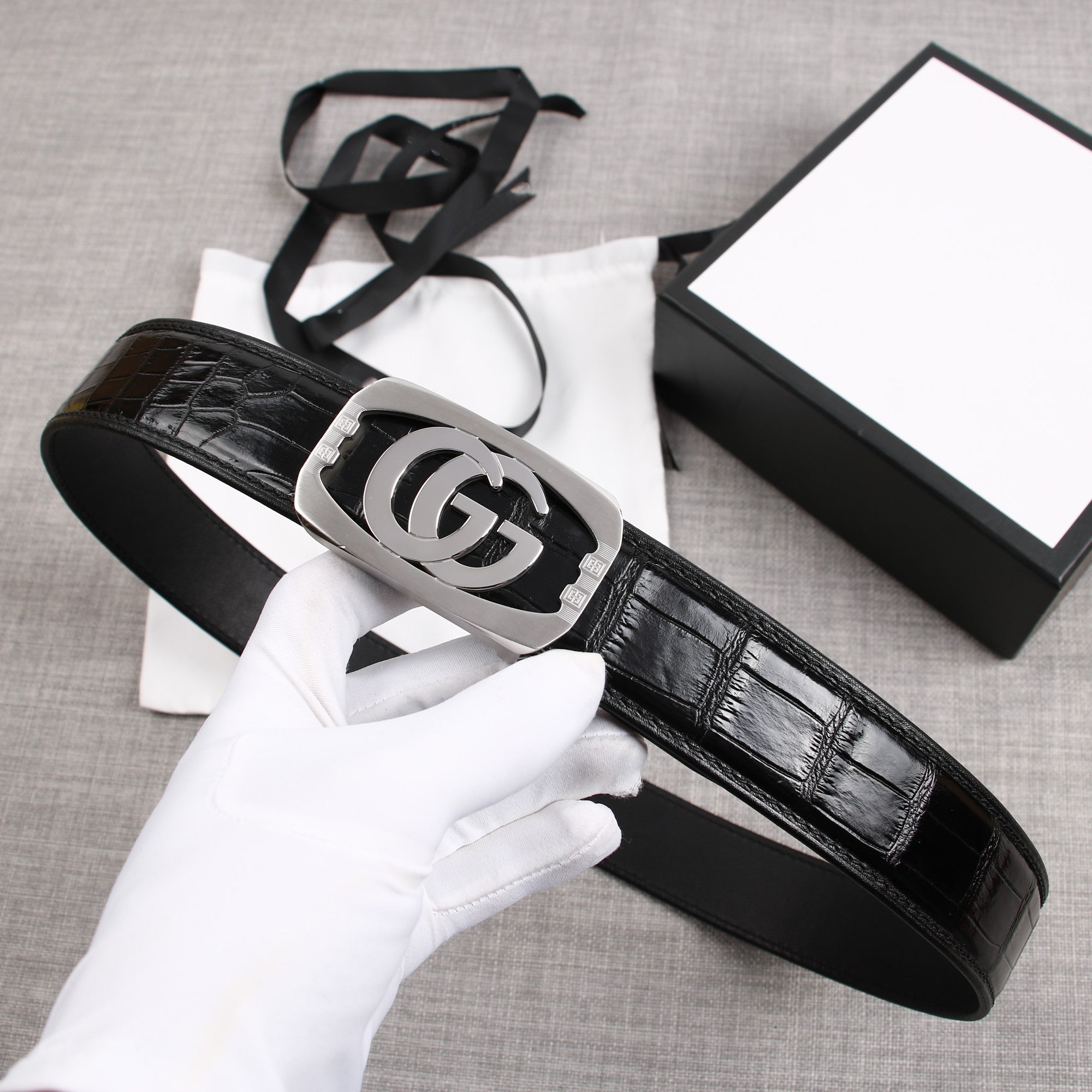 G BELT SILVER BUCKLE CROCODILE POLISHED BLACK  3.8CM