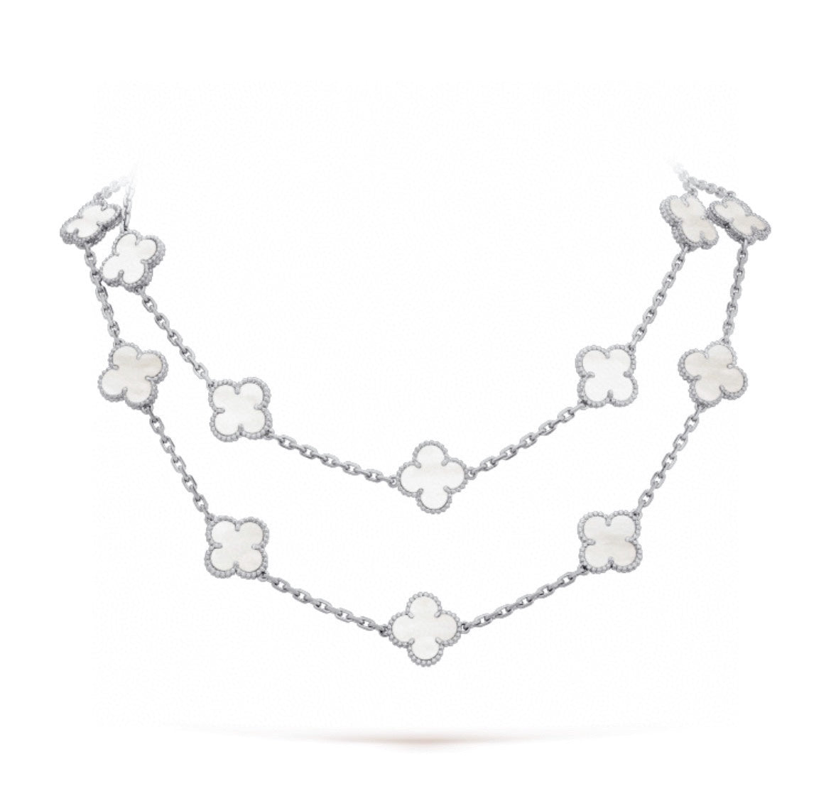 CLOVER 20 MOTIF WHITE MOP 86CM SILVER NECKLACE