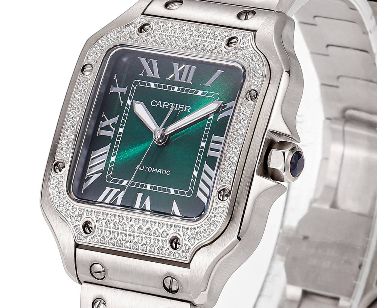 SANTOS LADY 35.1MM STEEL CASE DEEP GREEN DIAL DIAMOND BEZEL