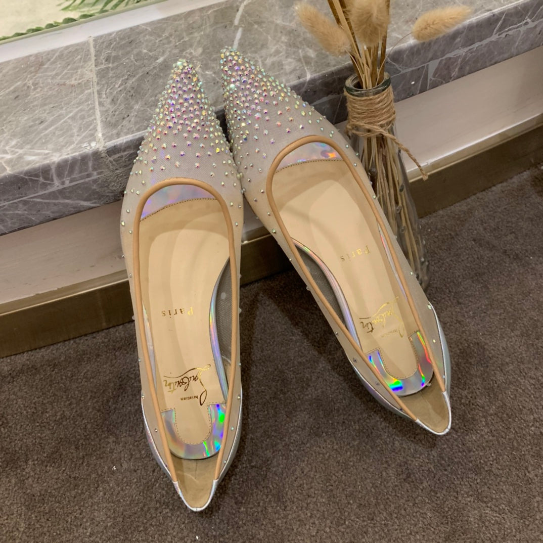 CL Follies Strass Flats Mesh and Patent Leather Silver