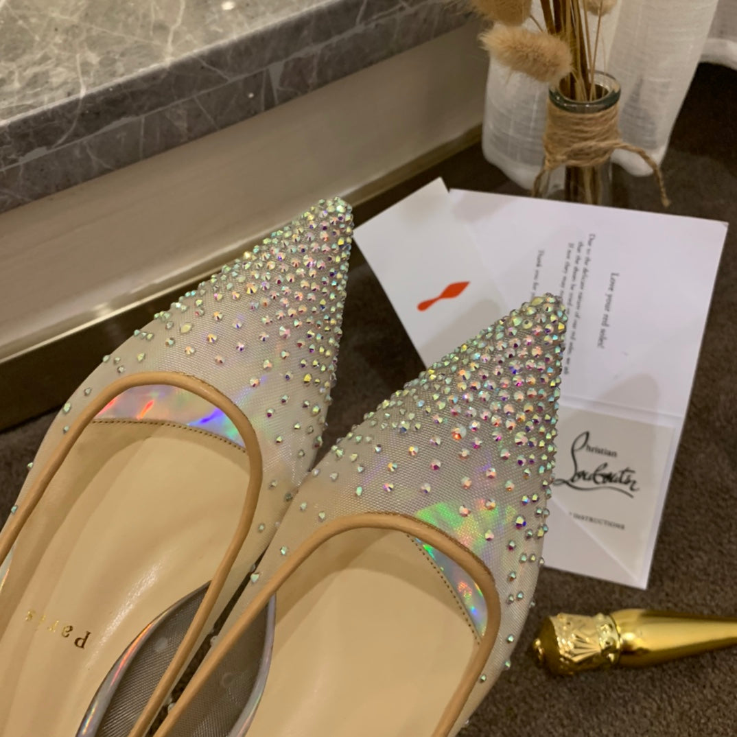 CL Follies Strass Flats Mesh and Patent Leather Silver