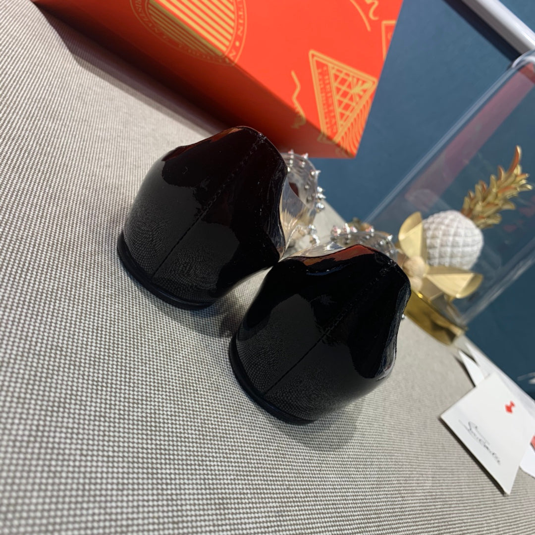 CL Collaclou Spike Clear Flat Embellished Pvc and Patent Leather Black