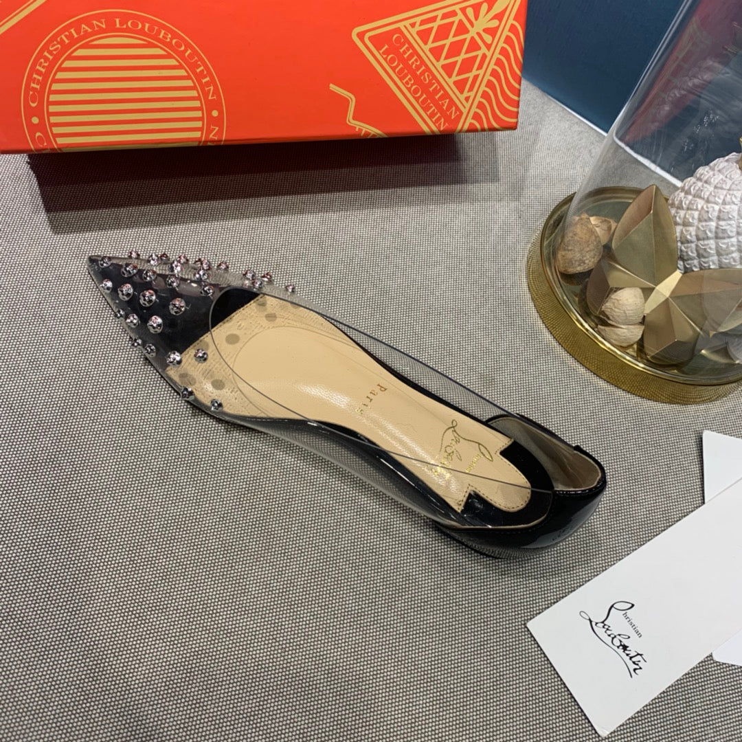 CL Collaclou Spike Clear Flat Embellished Pvc and Patent Leather Black