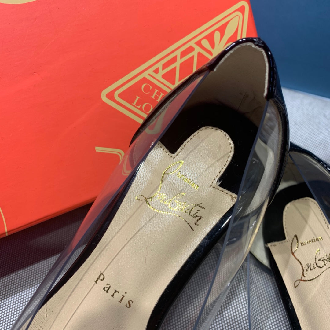 CL Collaclou Spike Clear Flat Embellished Pvc and Patent Leather Black