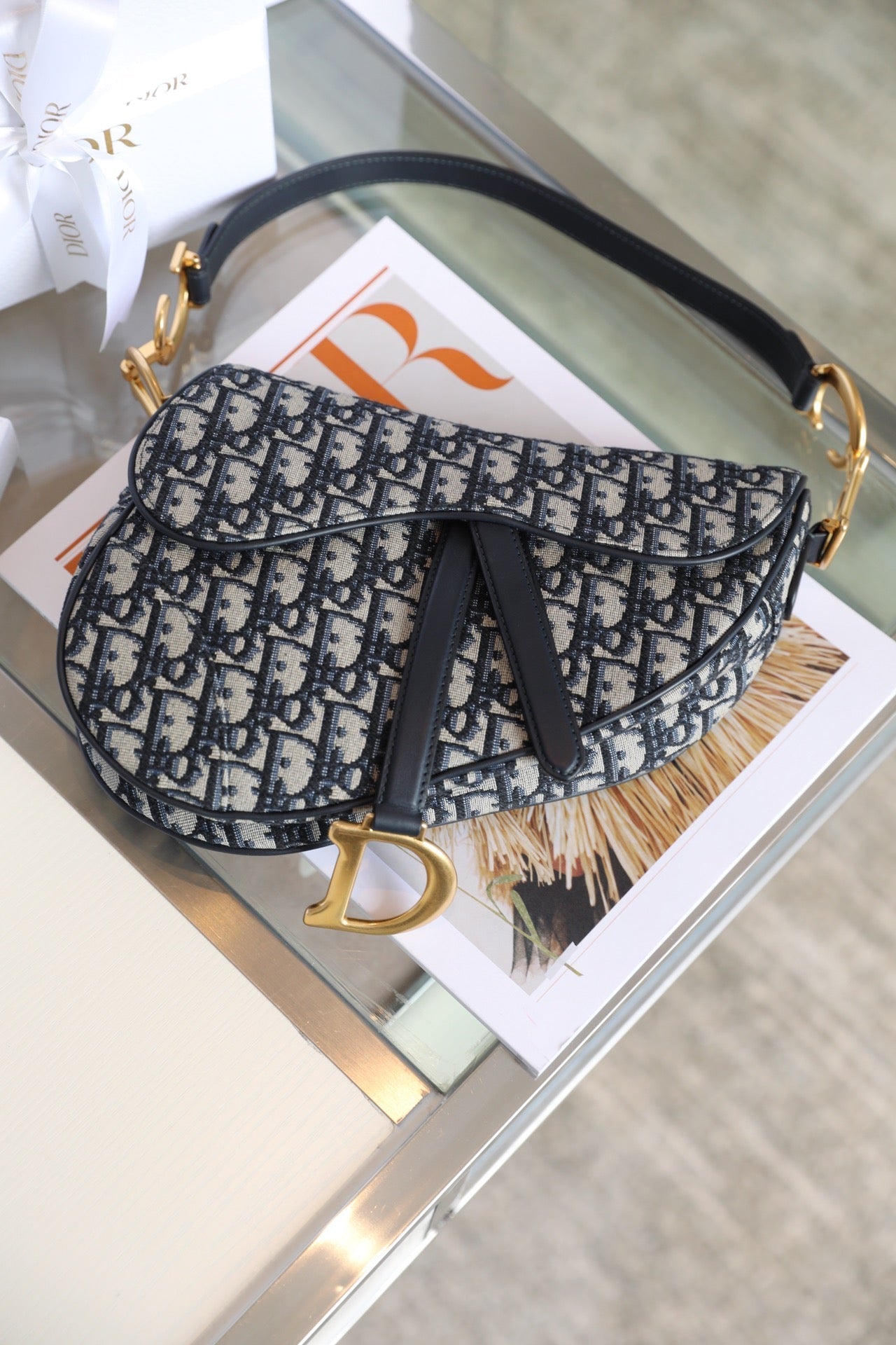 CD Blue Dior Oblique Jacquard Bag Canvas Cowhide