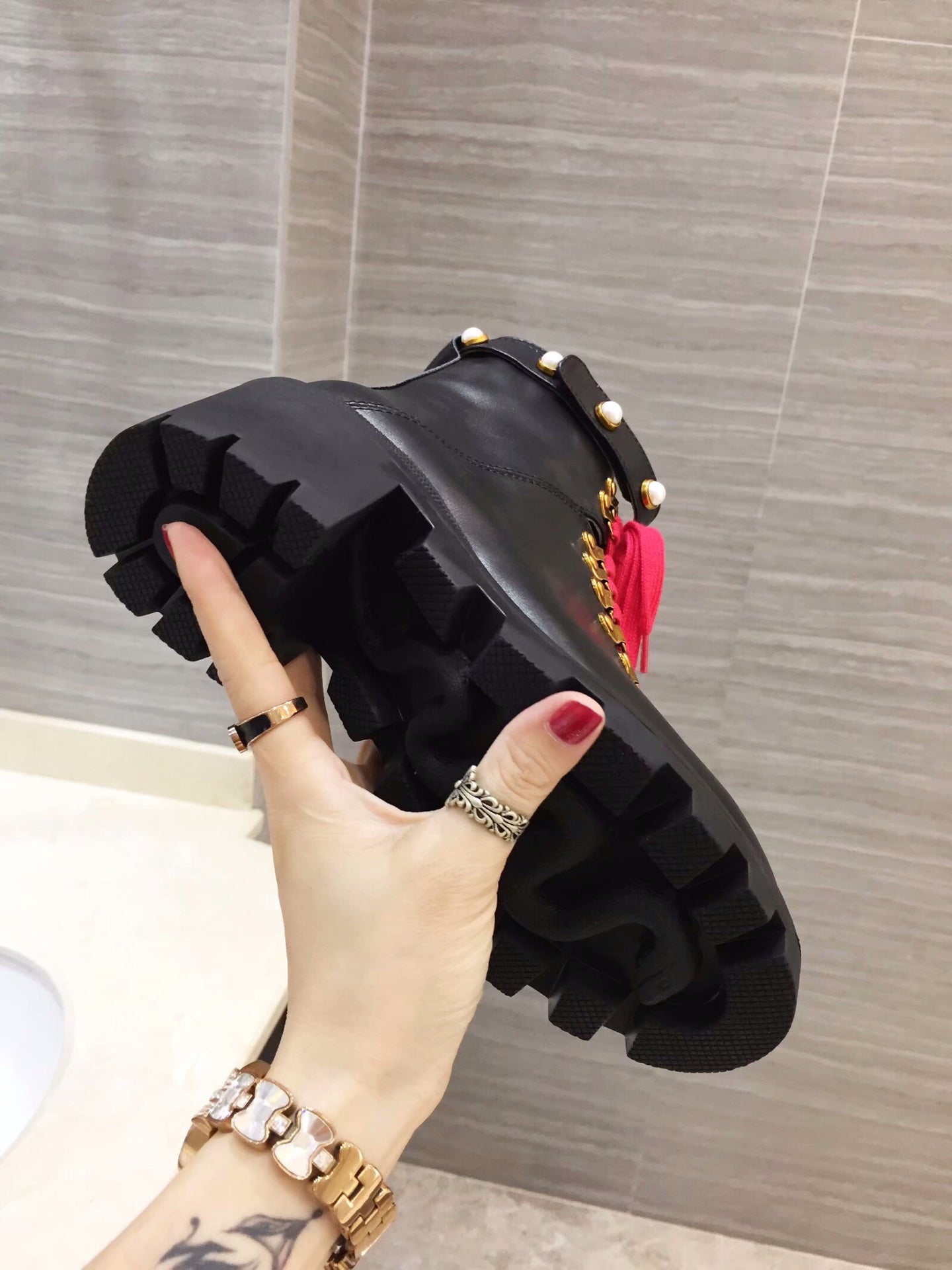 GG Ankle Heel Boots Pearl Black Calfskin