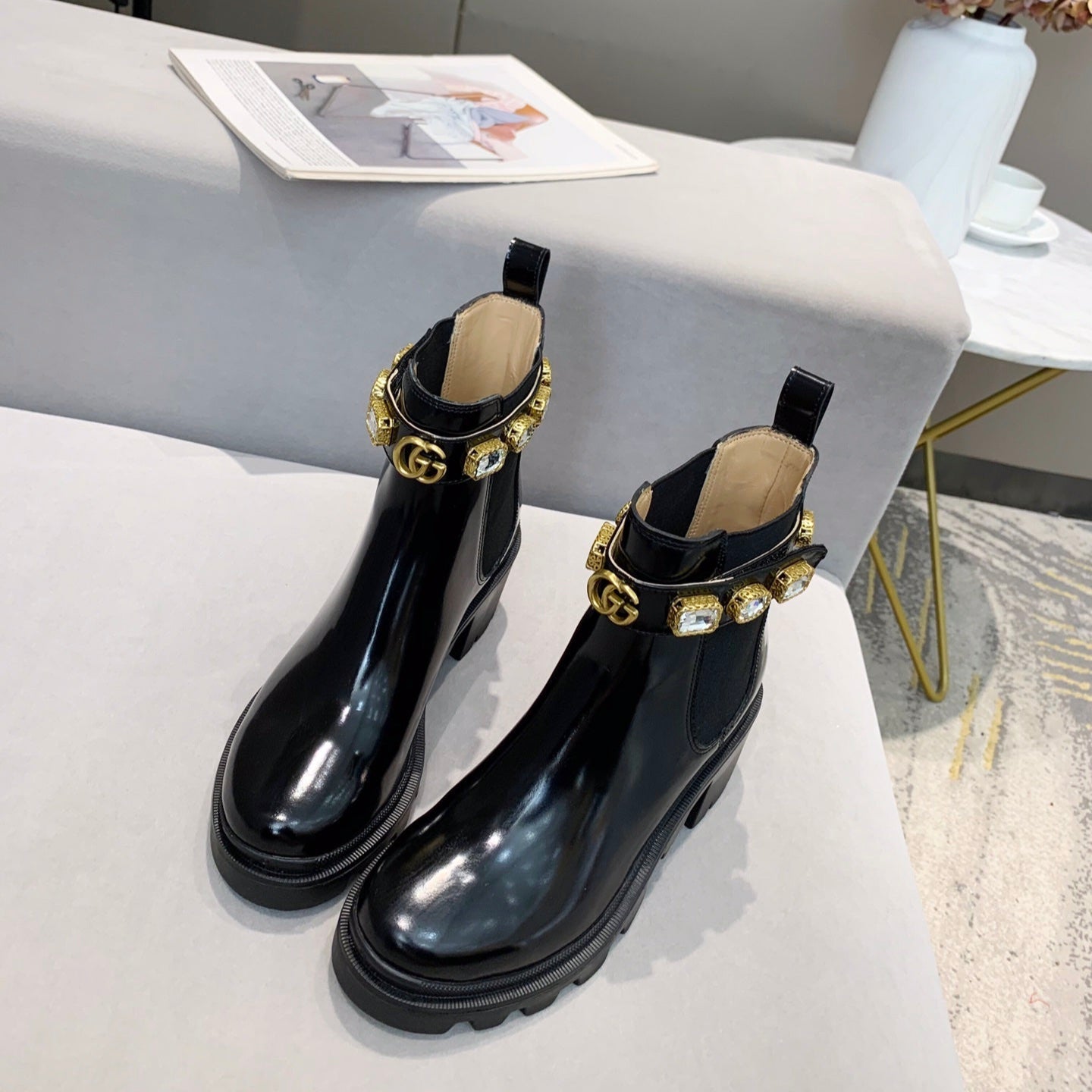 GG ankle boots logo double G black sheepskin