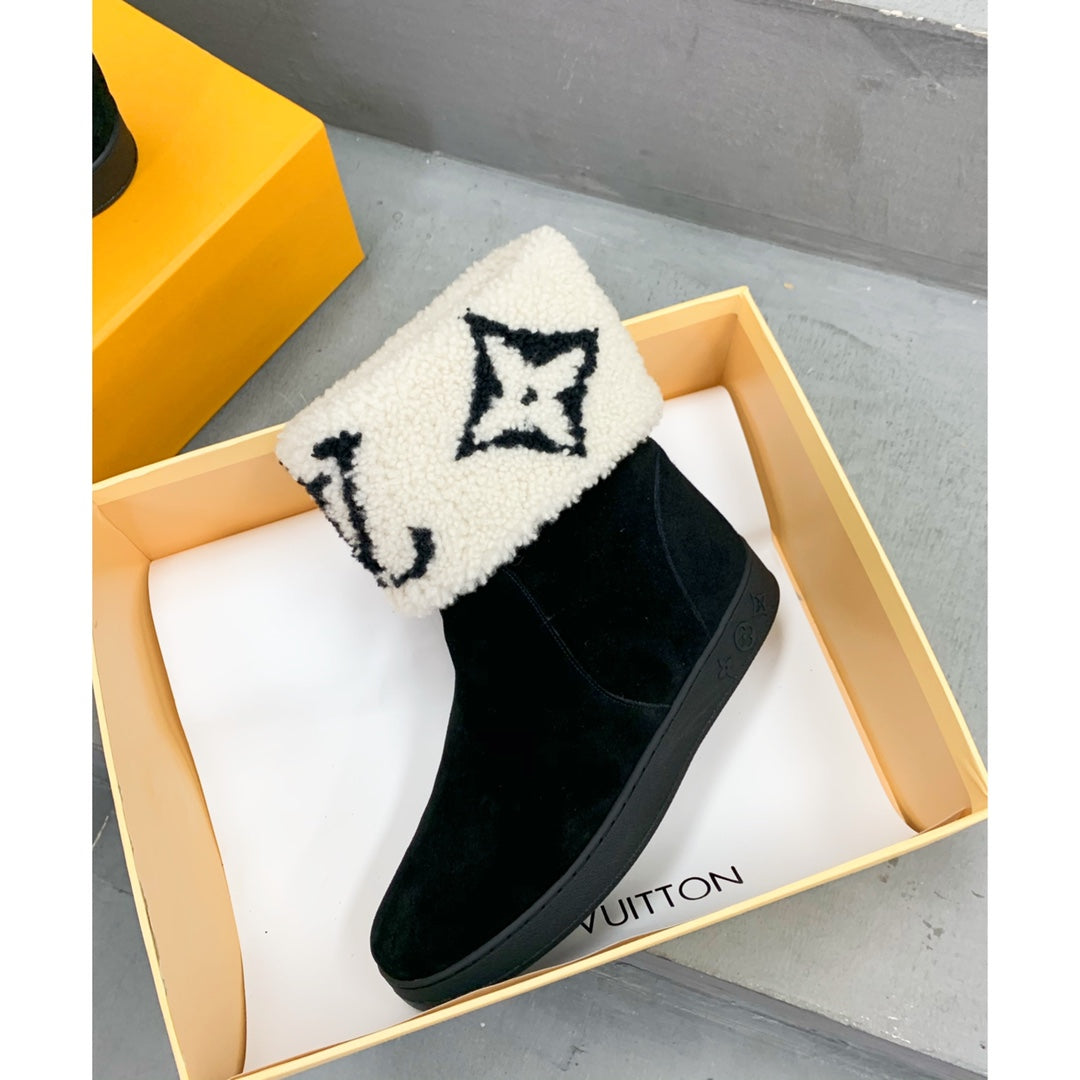 LV Snowdrop Flat Ankle Boot Black Mix White Monogram White Suede