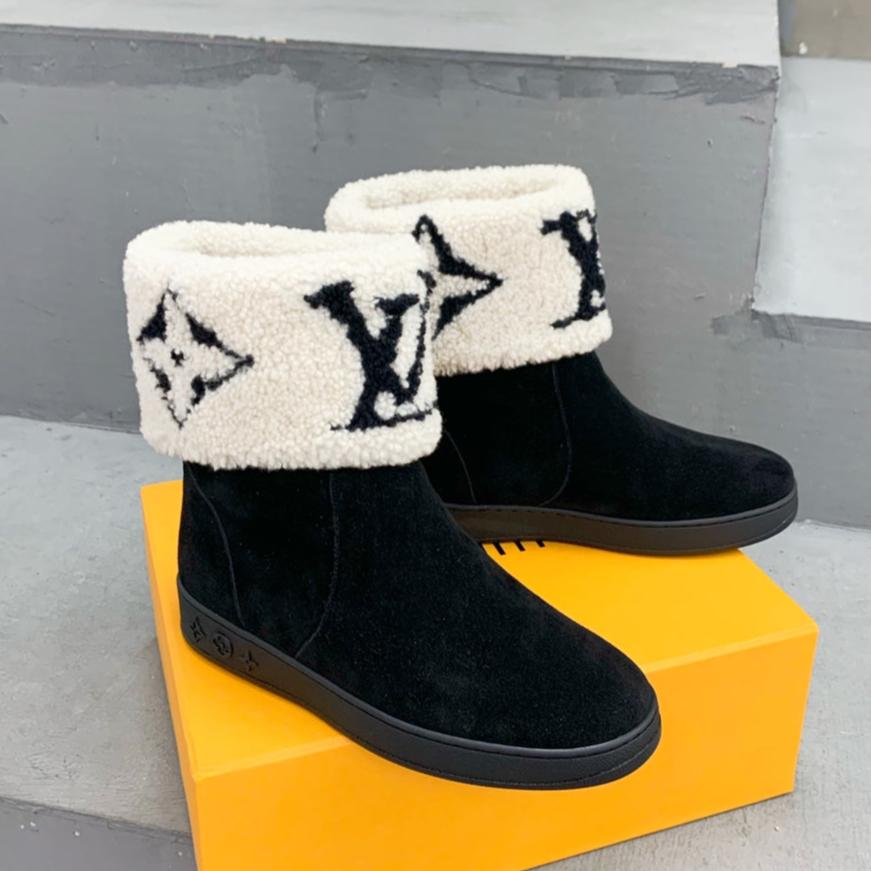 LV Snowdrop Flat Ankle Boot Black Mix White Monogram White Suede