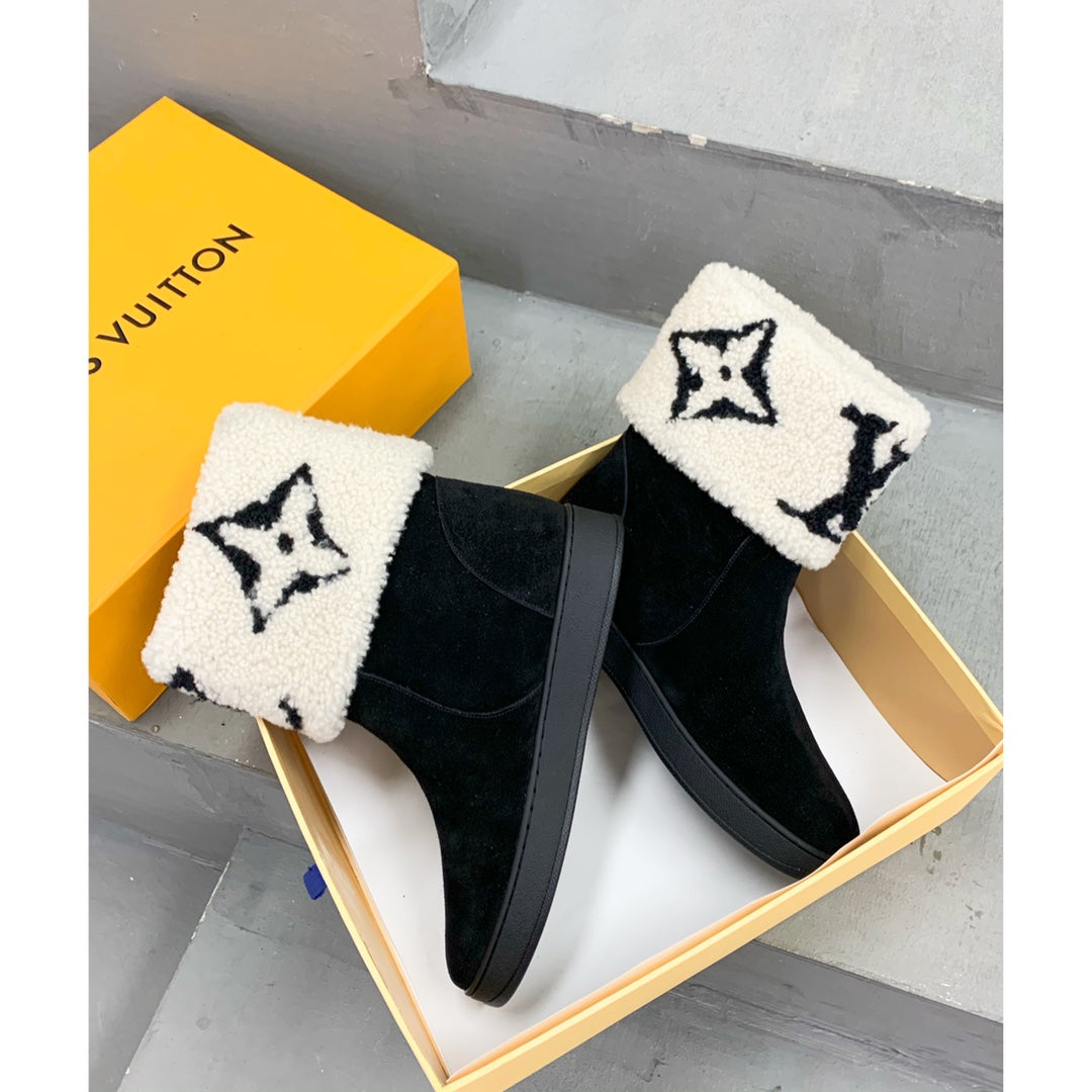 LV Snowdrop Flat Ankle Boot Black Mix White Monogram White Suede