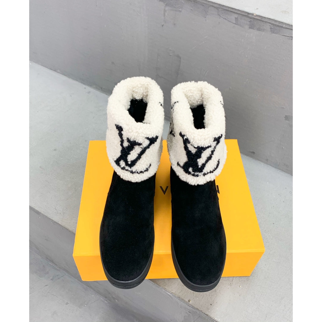 LV Snowdrop Flat Ankle Boot Black Mix White Monogram White Suede