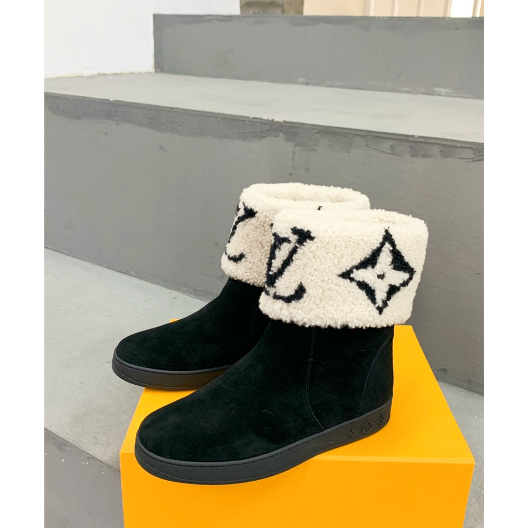 LV Snowdrop Flat Ankle Boot Black Mix White Monogram White Suede