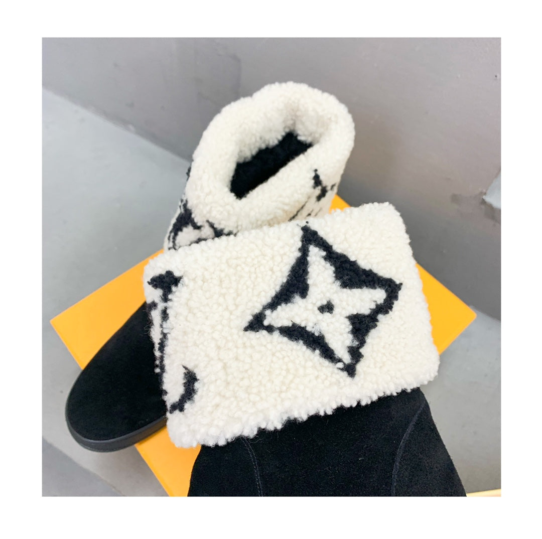 LV Snowdrop Flat Ankle Boot Black Mix White Monogram White Suede