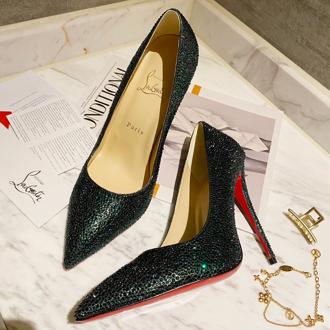 CL Kate Strass Degrade Pumps 100mm Suede Green