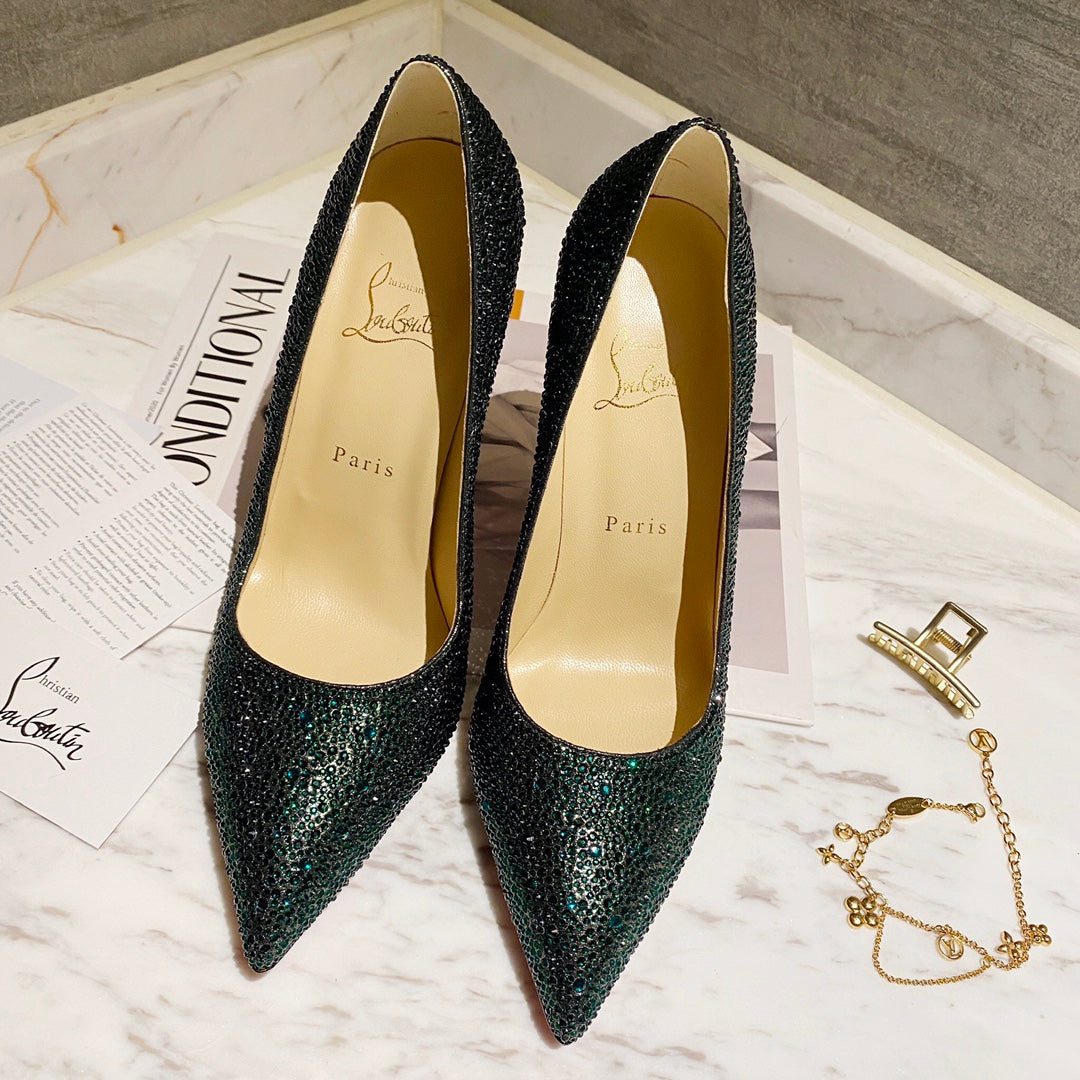 CL Kate Strass Degrade Pumps 100mm Suede Green