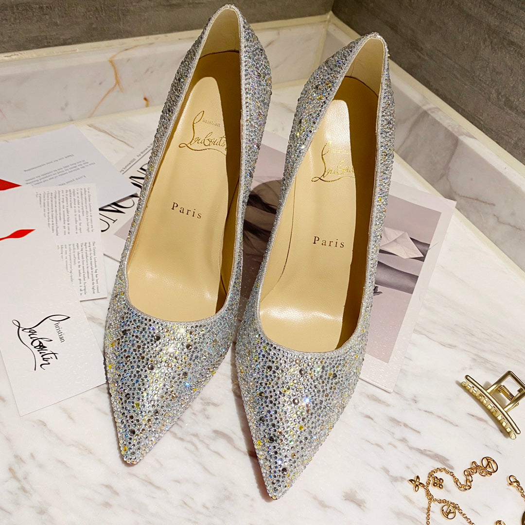 CL Kate Strass Degrade Pumps 100mm Suede Silver