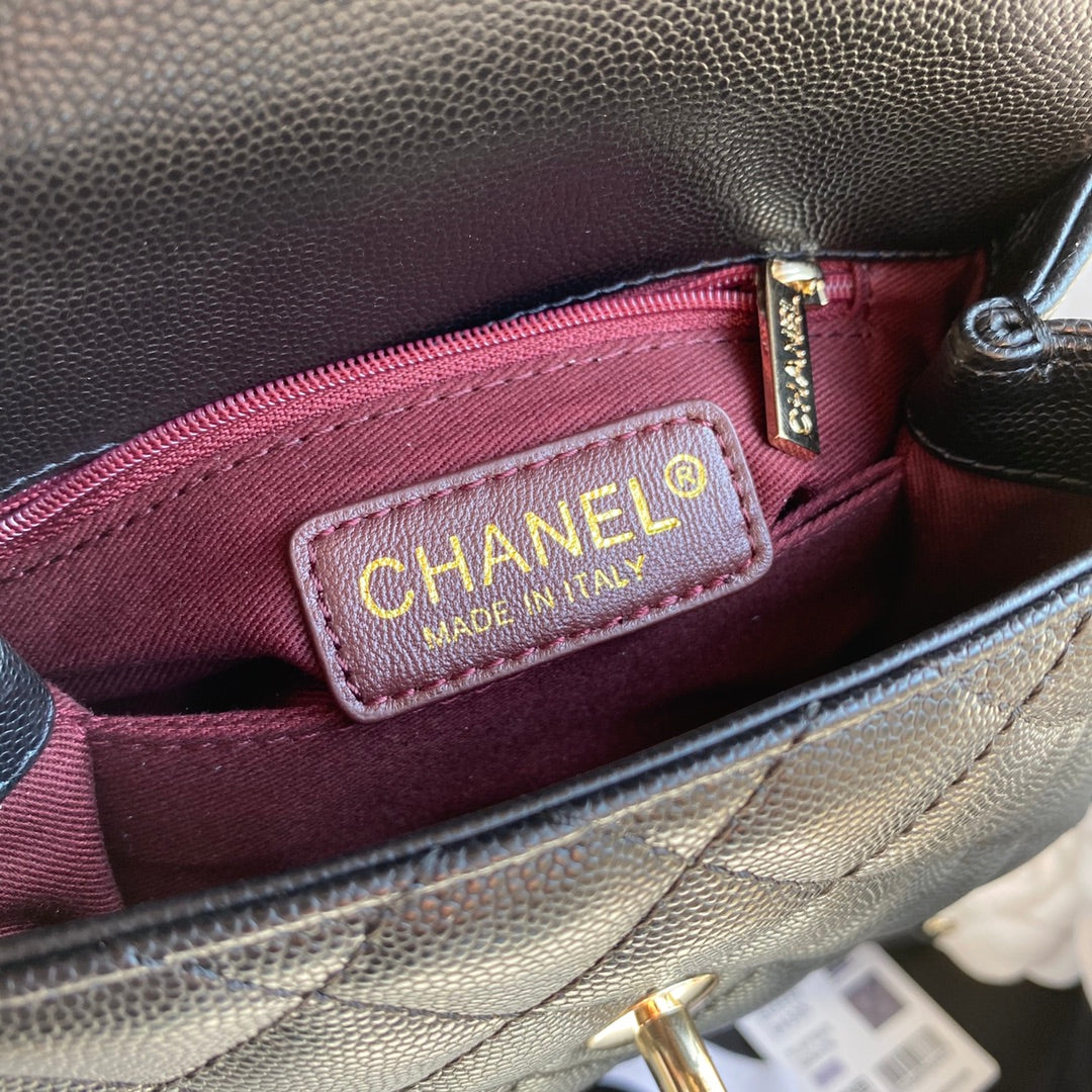 CC 24K Coco Hanle Mini 19cm Black Grained Calfskin Gold Hardware