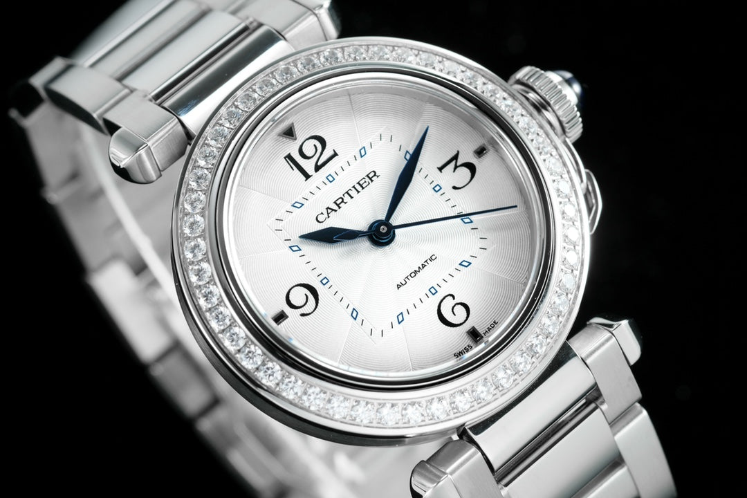 pasha 35mm automatic steel white dial diamond bezel