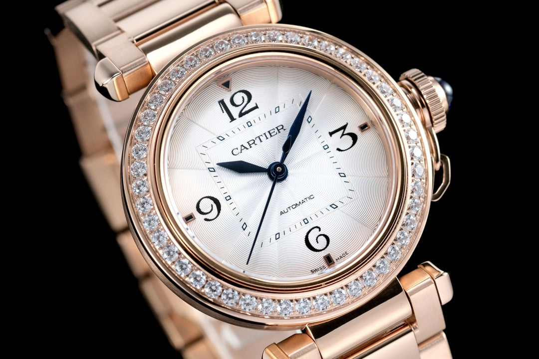 pasha 35mm automatic pink gold white dial diamond bezel