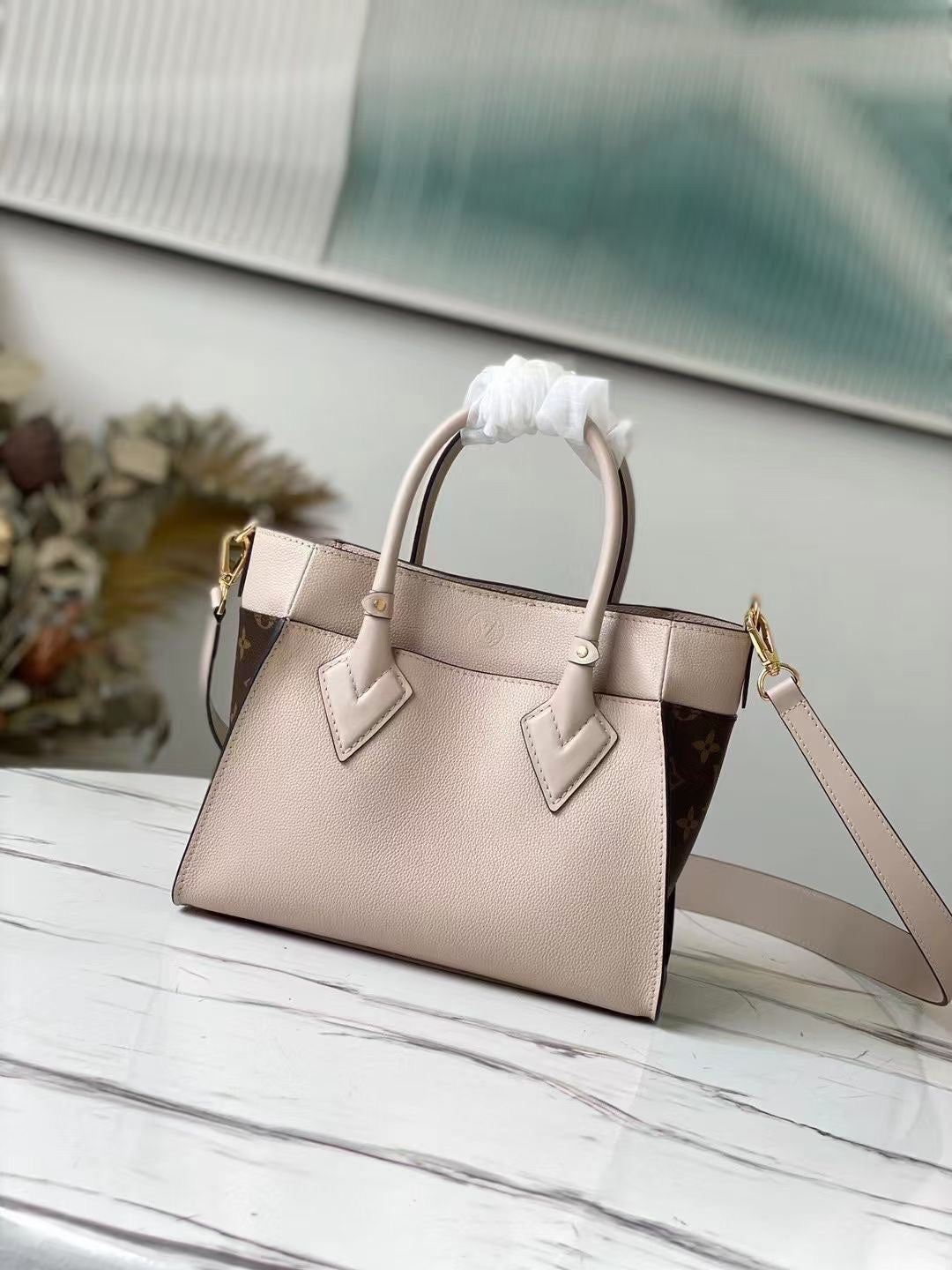 on my size pm 25cm greige calfskin brown monogram canvas