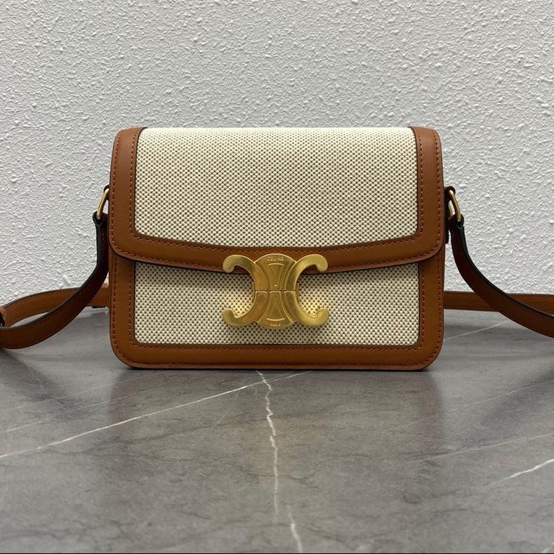 Celine 2026 Classique Triomphe Bag 18cm Tan Beige Textile Calfskin 283616