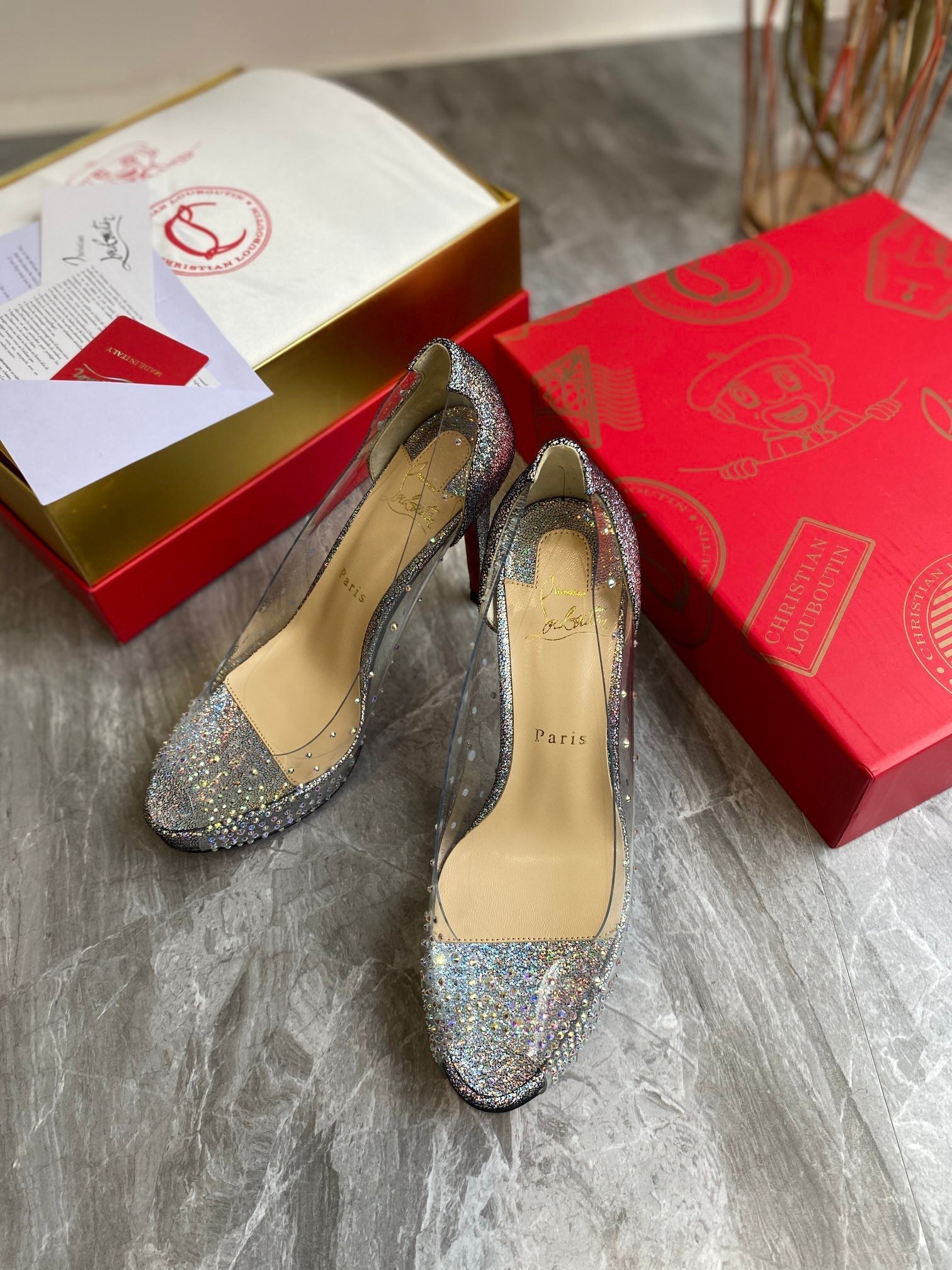 CL Very Strass Peep Toe Pumps 120mm PVC and Glitter Silver