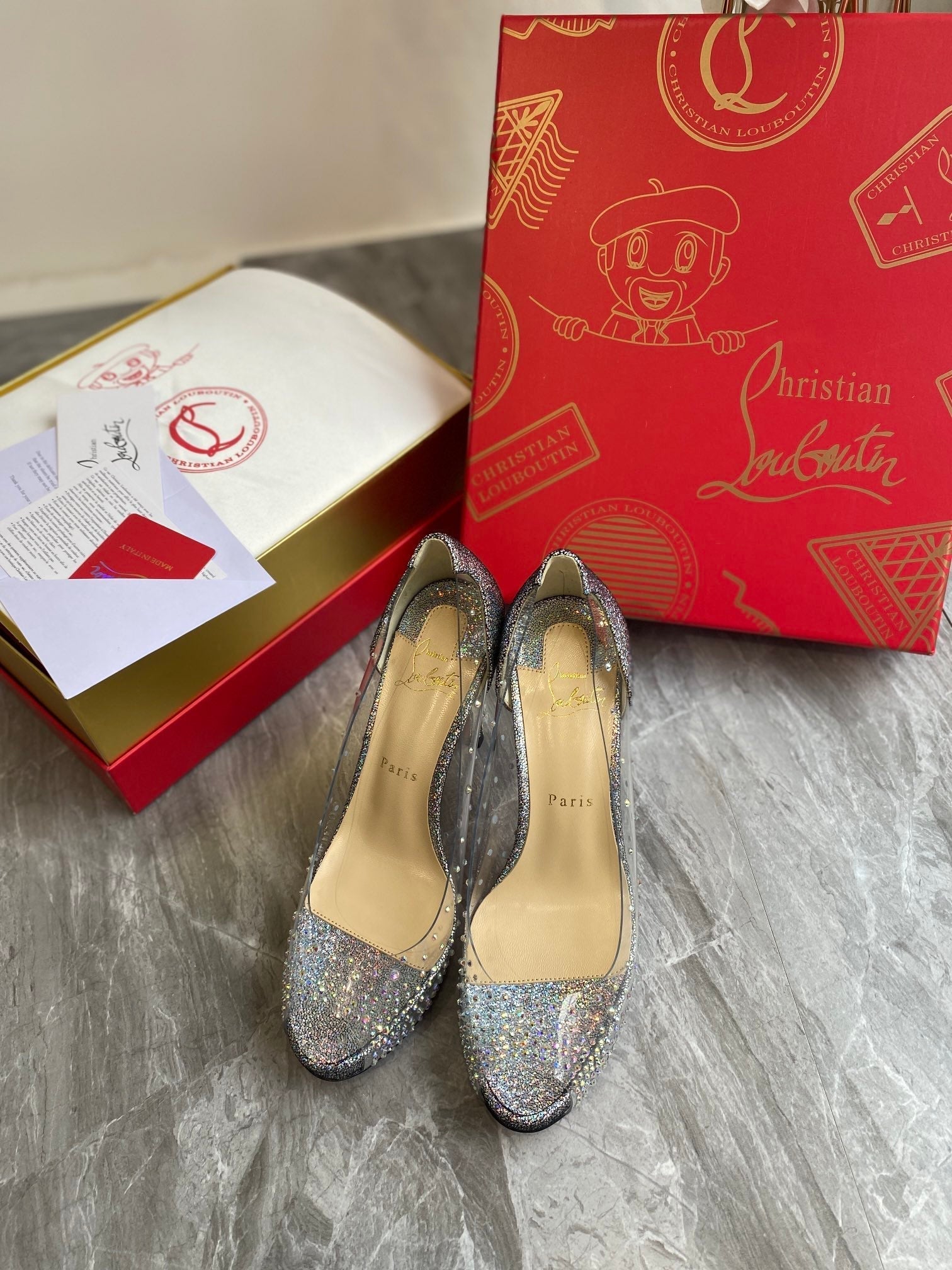 CL Very Strass Peep Toe Pumps 120mm PVC and Glitter Silver