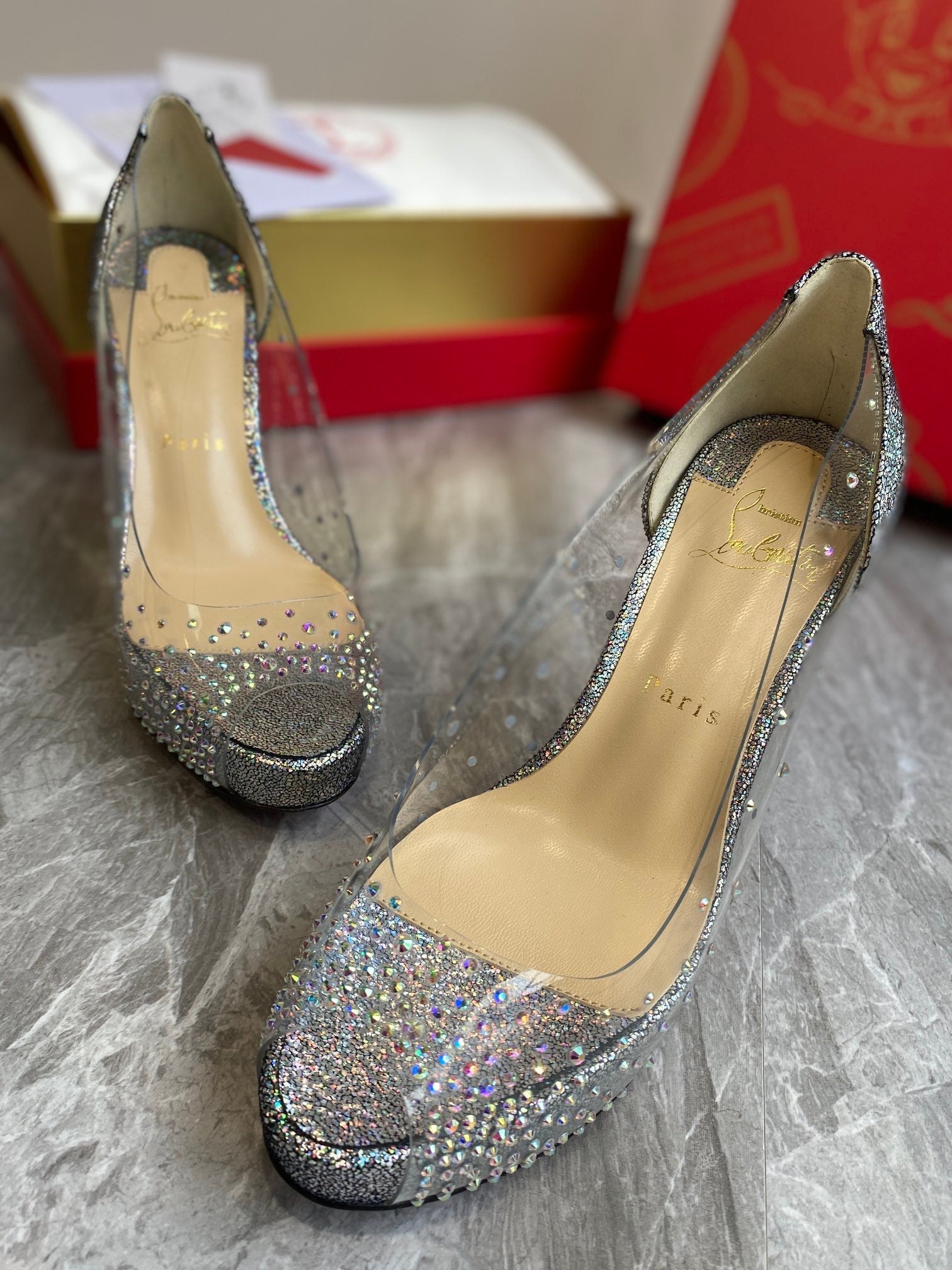 CL Very Strass Peep Toe Pumps 120mm PVC and Glitter Silver