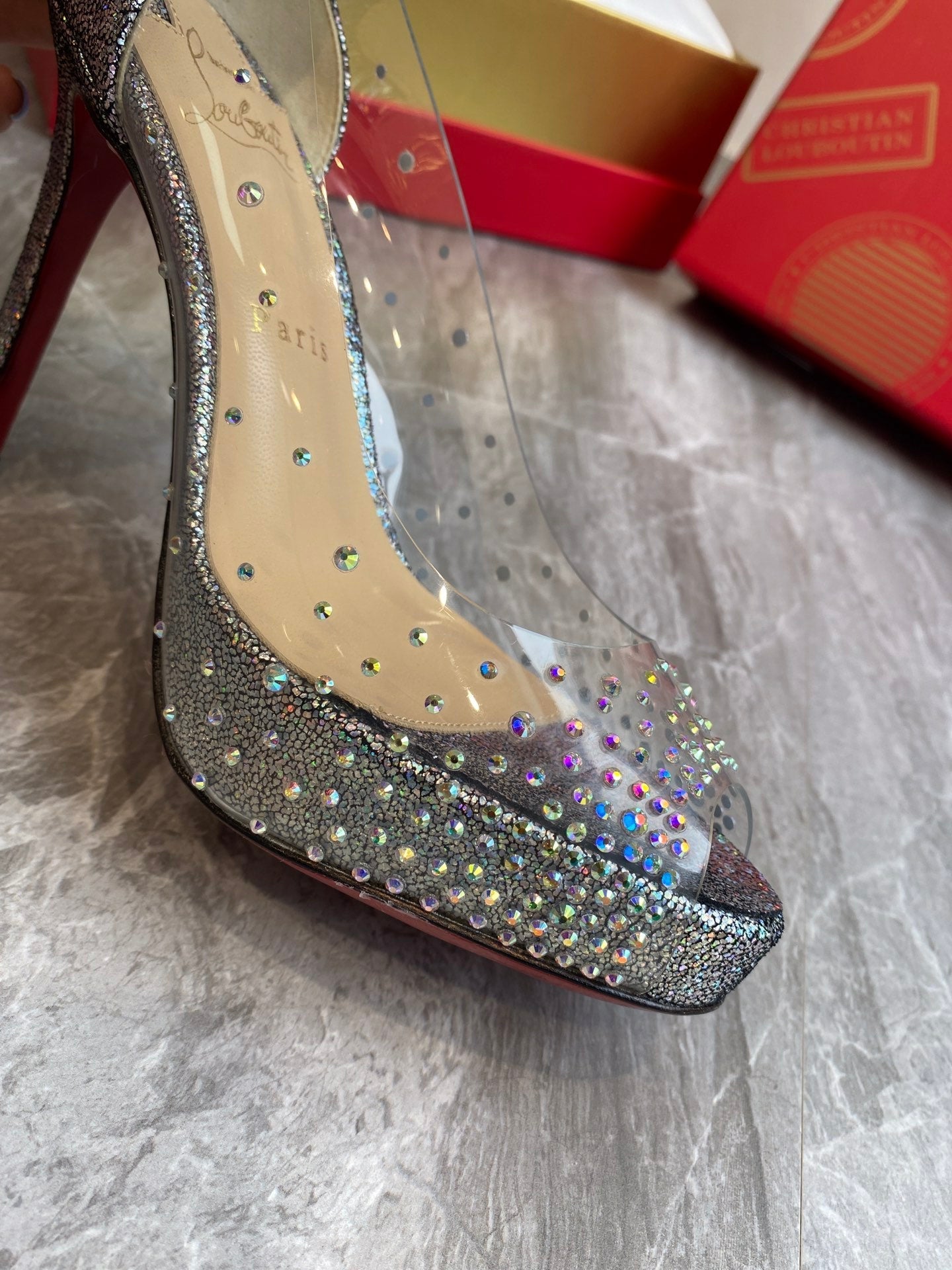 CL Very Strass Peep Toe Pumps 120mm PVC and Glitter Silver