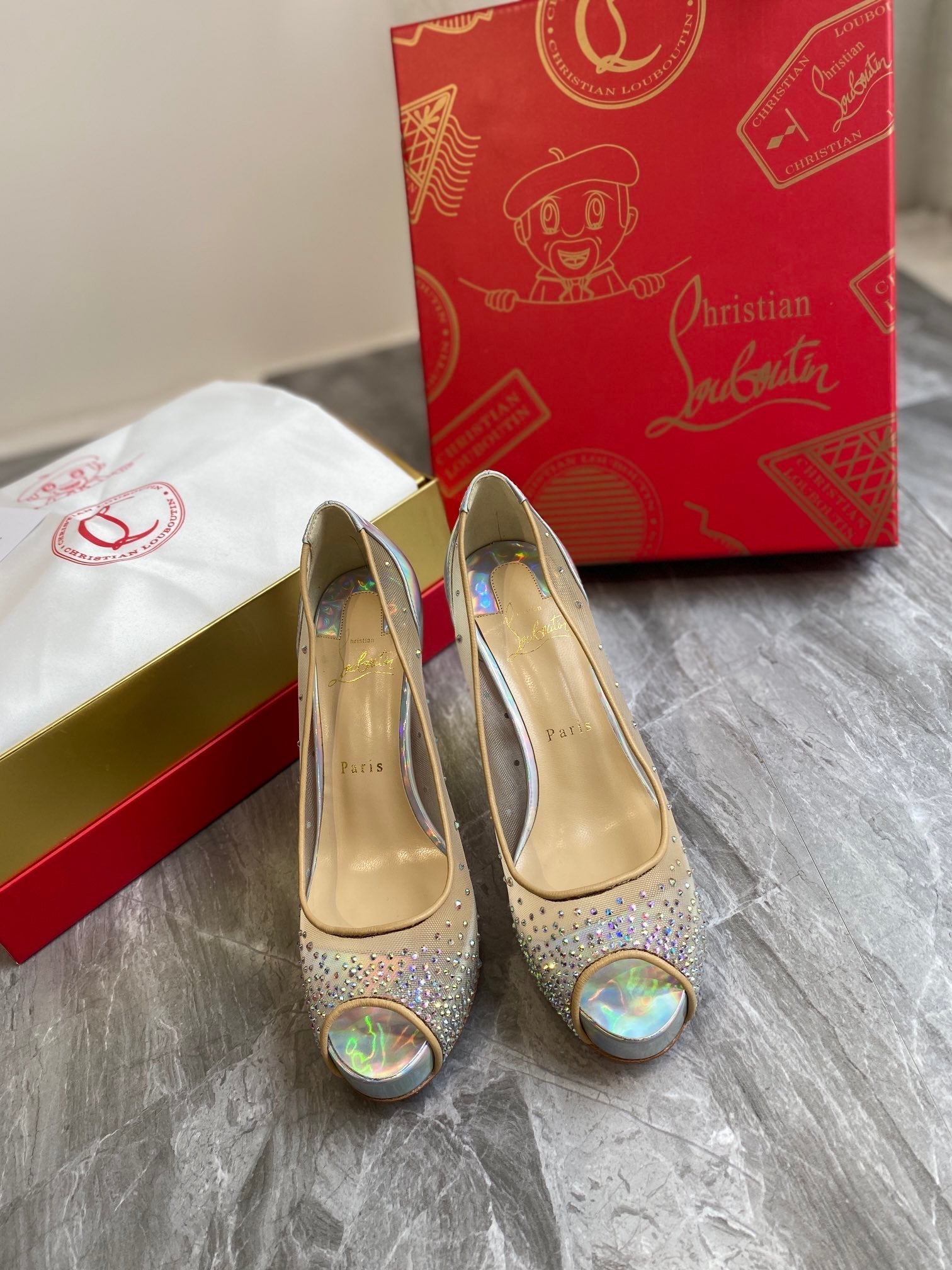 CL Very Strass Peep Toe Pumps 120mm Mesh and Leather Silver