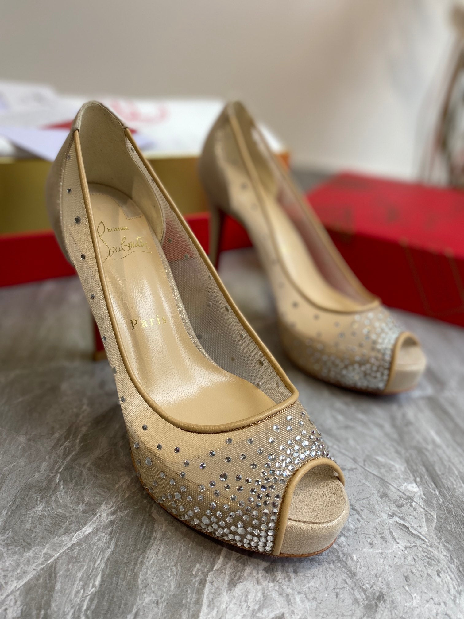 CL Very Strass Peep Toe Pumps 120mm Mesh and Leather Gold