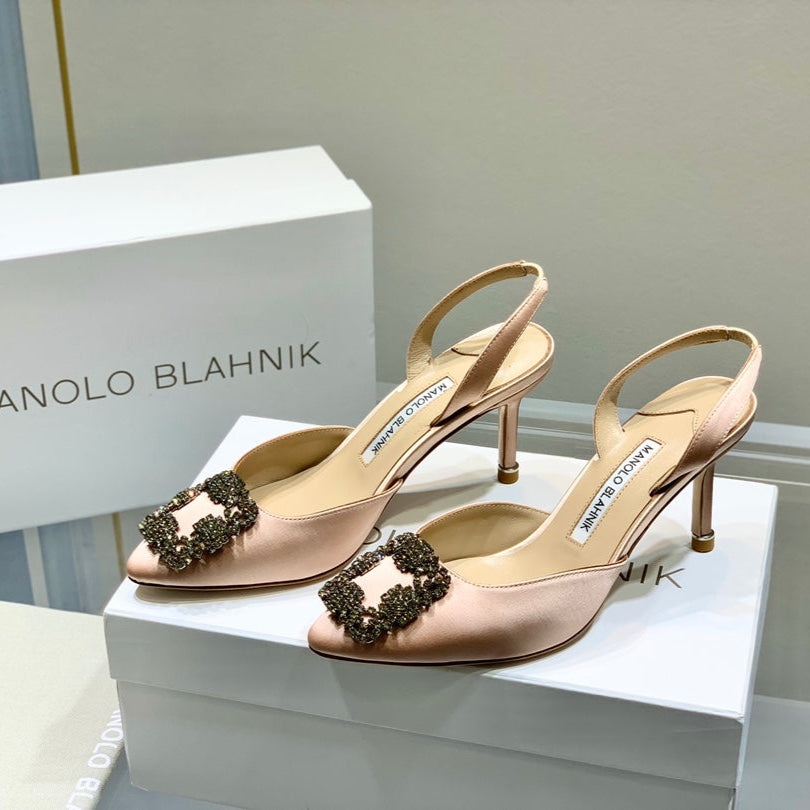 Manolo Buckle Slingback 7cm Light Pink Silk 208031