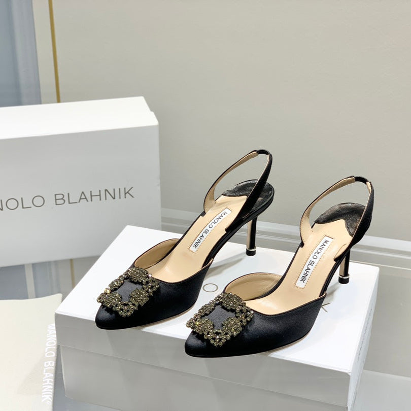 Manolo Buckle Slingback 7cm Black Silk 208027