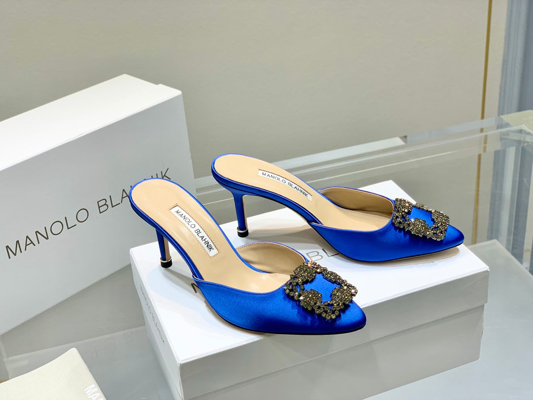 Manolo Buckle Mules 7cm Navy Blue Silk 208020