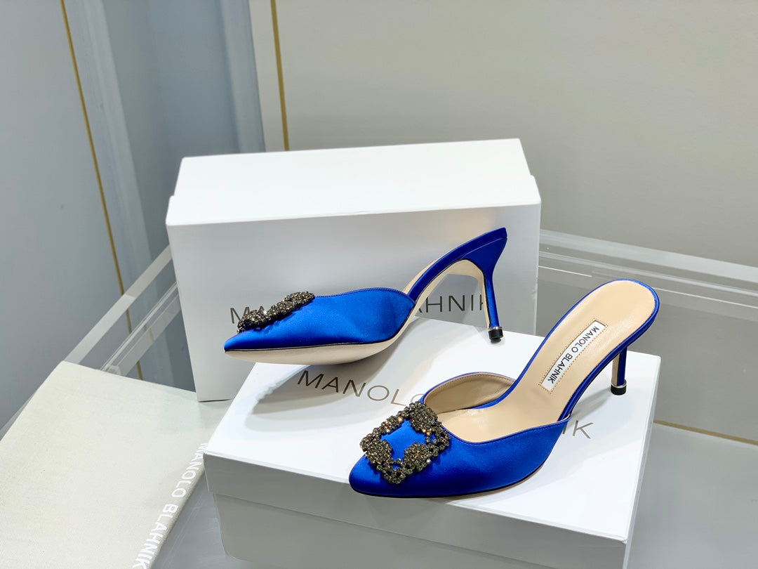 Manolo Buckle Mules 7cm Navy Blue Silk 208020