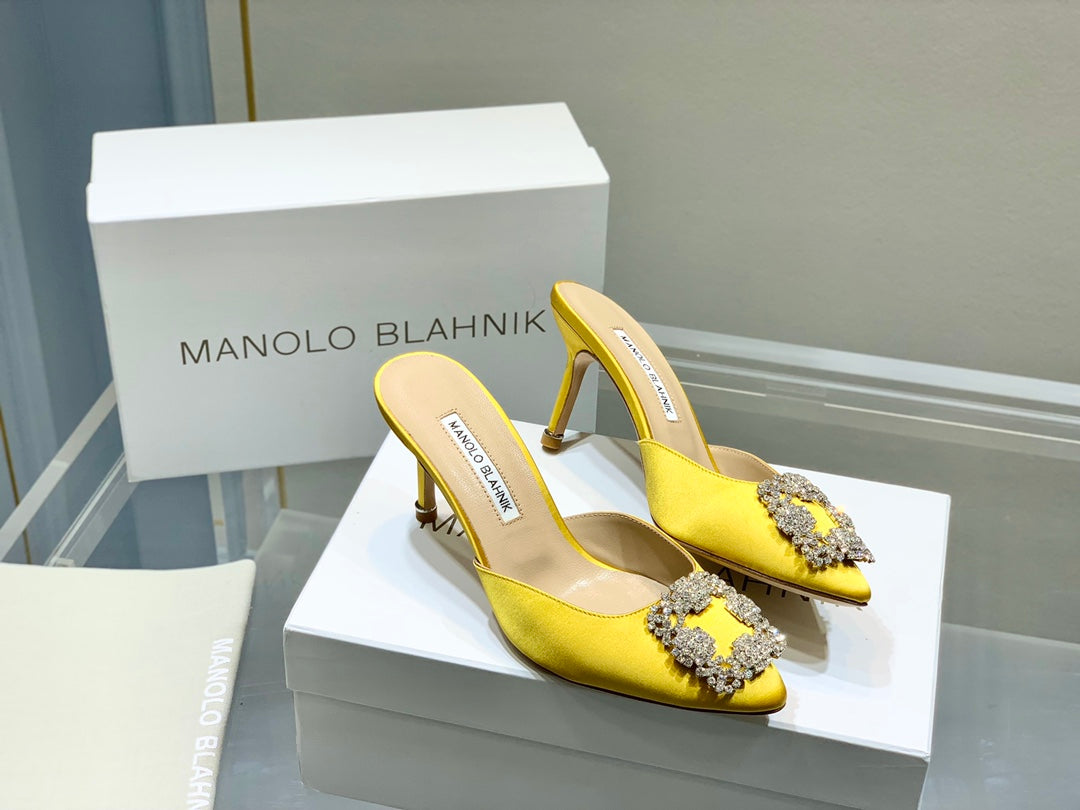 Manolo Buckle Mules 7cm Yellow Silk 208021