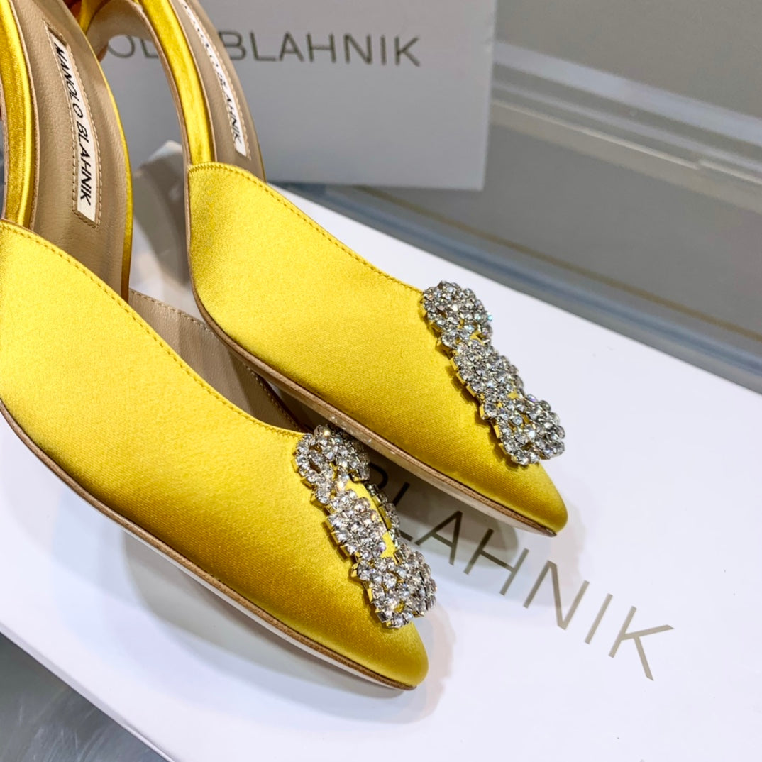Manolo Buckle Mules 7cm Yellow Silk 208021