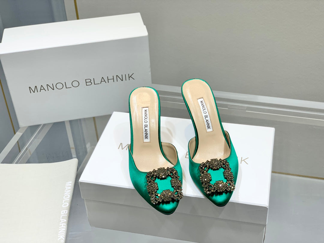 Manolo Buckle Mules 7cm Green Silk 208016